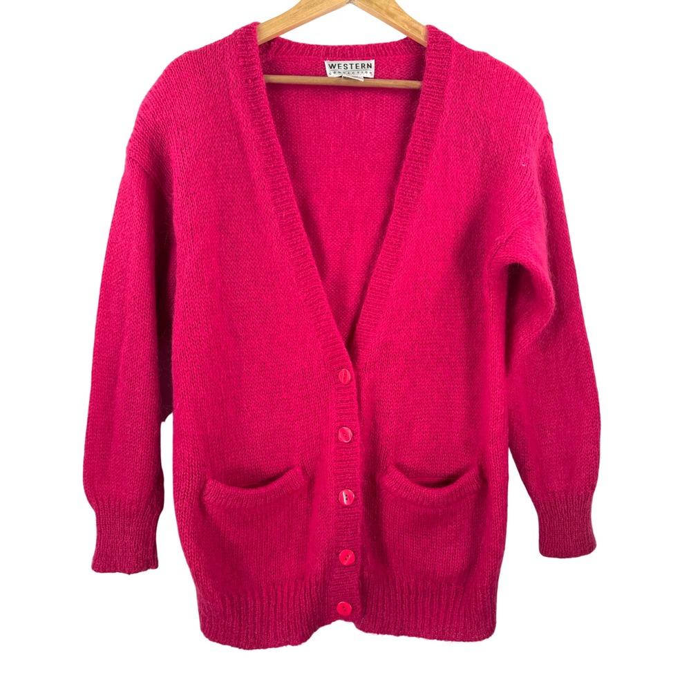 VTG Western Connection Cardigan sz M Pink Wool Blend vibrant preppy 80s 90s